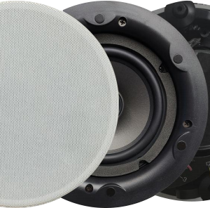 Ceiling speaker with removable white grille, front driver and rear housing — supplier photo